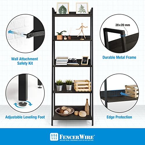 5 Tier Ladder Bookshelf, 24 Inch Wide, Freestanding Bookcase for Home Office, Living Room, Kitchen F694