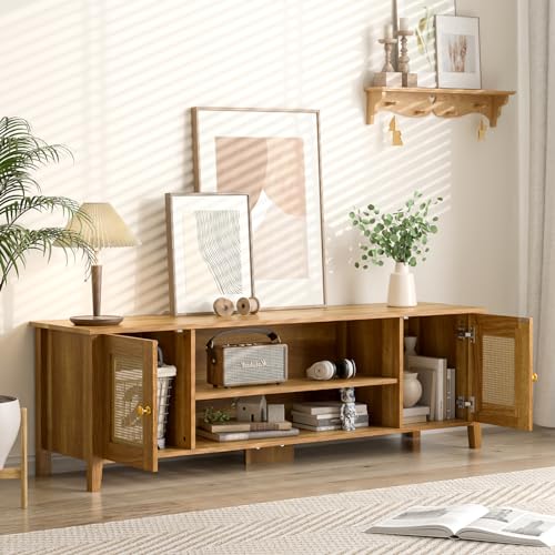 Rattan TV Stand for 65 70 Inch TV with Storage W918895