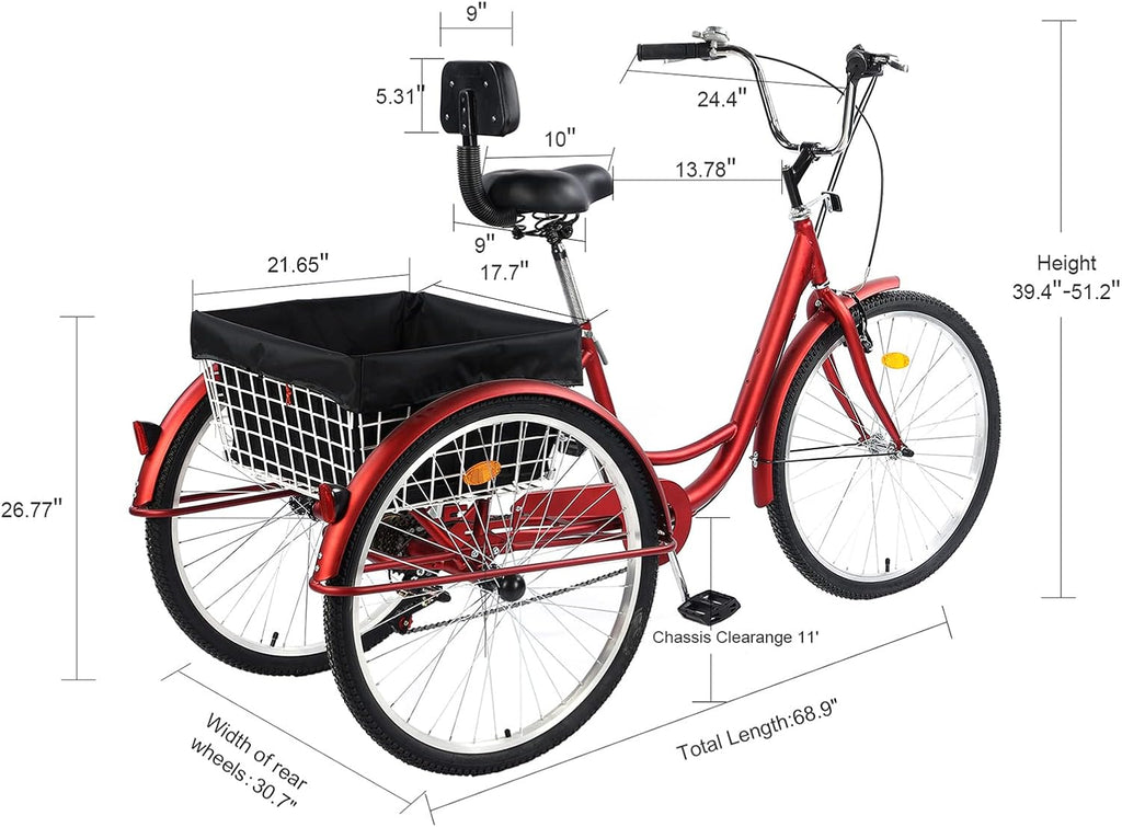 Adult Tricycle 7 Speed 26 Inch Three Wheel Bike with Large Basket S142359
