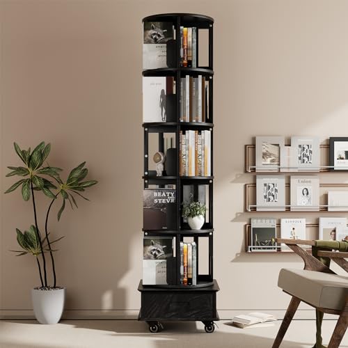 Solid Wood Rotating Book Shelf, 360° Display Bookcase with Drawer, 5-Tier Mobile Bookshelf with Wheels, 79" Tall X15733