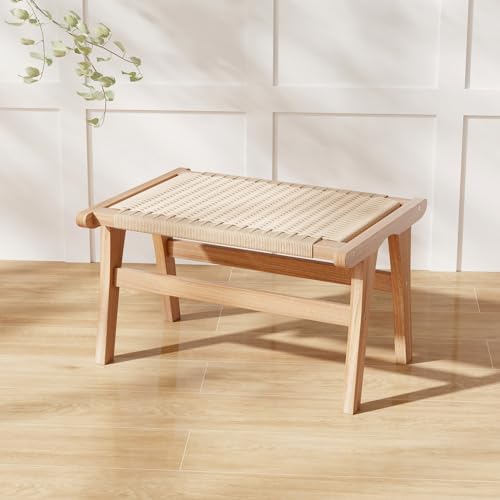 Teak Wood Ottoman Footstool with Braided Rope, 14" H B563