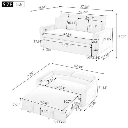 Sleeper Sofa Couch Bed with USB Ports, 57" Corduroy Convertible Futon, Grey S414699