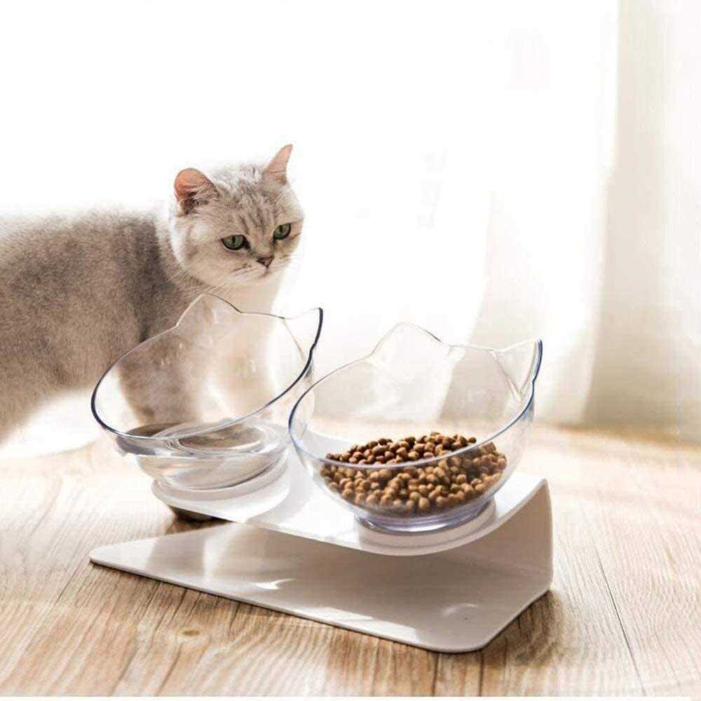 Raised Cat Bowl with Stand, Tilted Anti-Vomiting Double Bowl for Kittens X6426