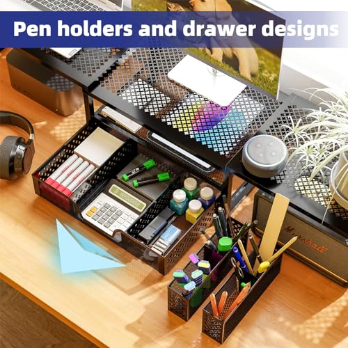 Dual Metal Monitor Stand Riser with Drawer and Pen Holder, Adjustable Angle, Black Q819739