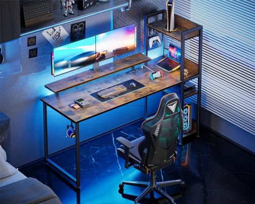 Reversible Gaming Desk with Power Outlets, 40 Inch Computer Desk with Storage Shelves and Monitor Stand U9097