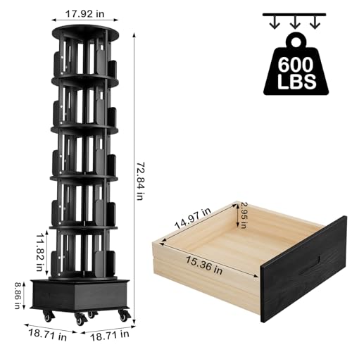 Solid Wood Rotating Book Shelf, 360° Display Bookcase with Drawer, 5-Tier Mobile Bookshelf with Wheels, 79" Tall X15733