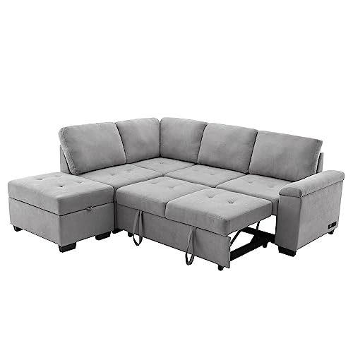 Modular L-Shape Sofa Bed with Ottoman and Storage, Dark Gray T76159