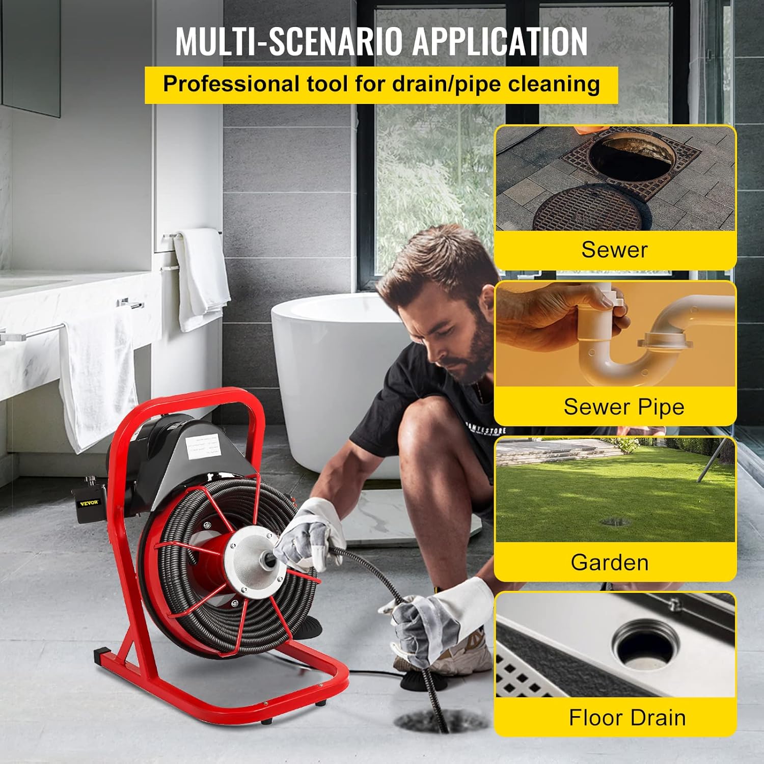 50 ft x 1/2 inch Drain Cleaner Machine for 1 to 4 Inch Pipes with 4 Cutters O730