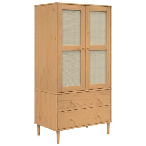Rattan Look Solid Pine Wood Wardrobe with Ample Storage E52143