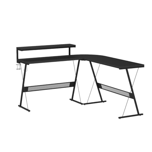 L Shaped Gaming Desk with LED, 55 Inch, Monitor Shelf and Cup Holder E979552