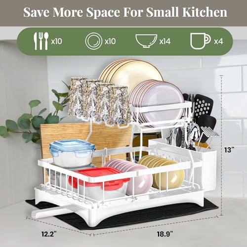 White 2-Tier Dish Drying Rack with Drainboard, Rust Resistant Metal L522