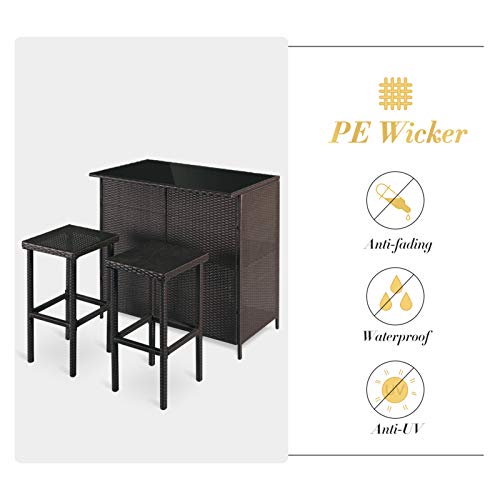 Outdoor Bar Set 3-Piece Brown Wicker Patio Furniture with Glass Top and Two Stools P403769