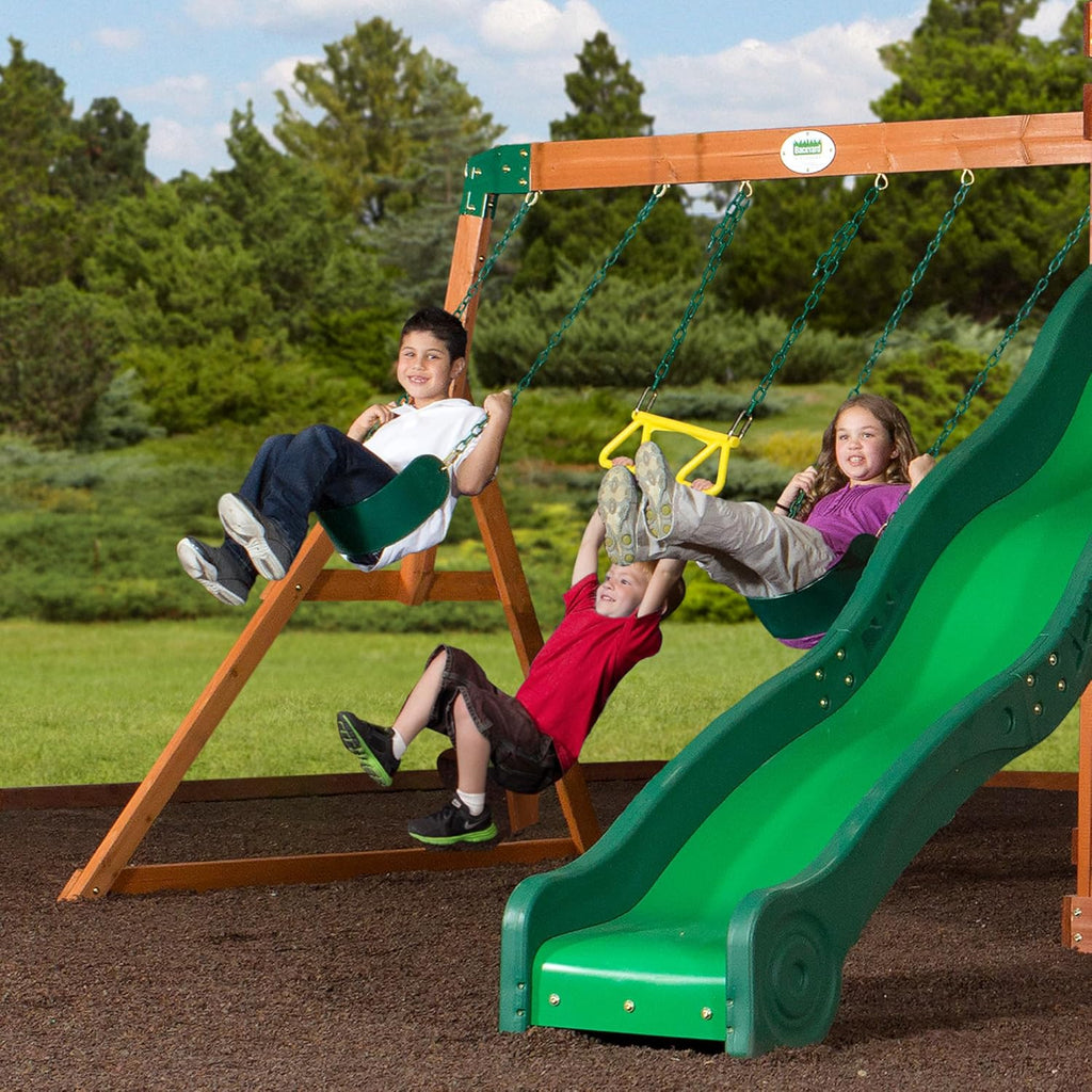 All Cedar Wooden Playset Swing Set with 2 Belt Swings, Trapeze Bar, 10 ft Wave Slide, Covered Playhouse, Rock Wall J462627