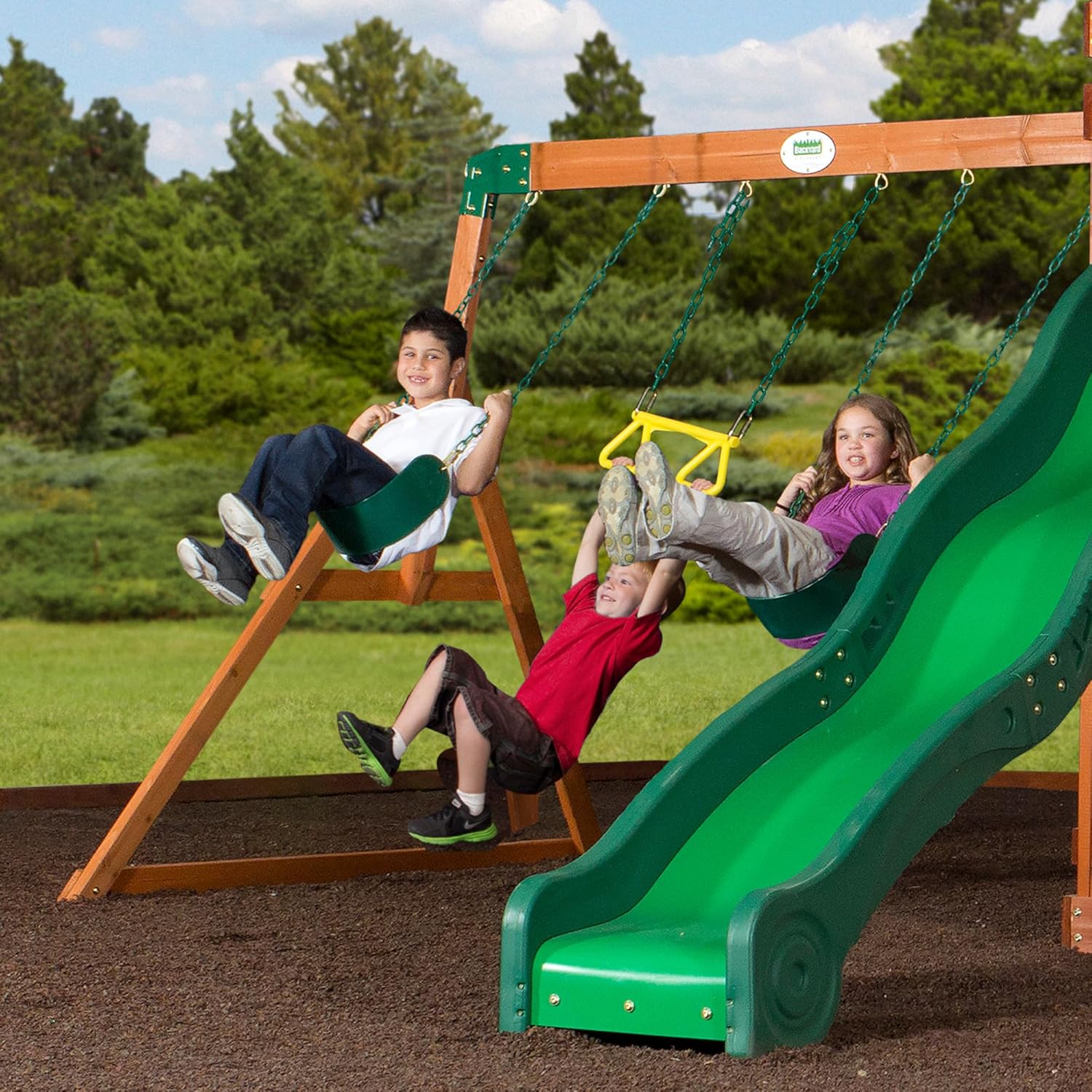All Cedar Wooden Playset Swing Set with 2 Belt Swings, Trapeze Bar, 10 ft Wave Slide, Covered Playhouse, Rock Wall J462627
