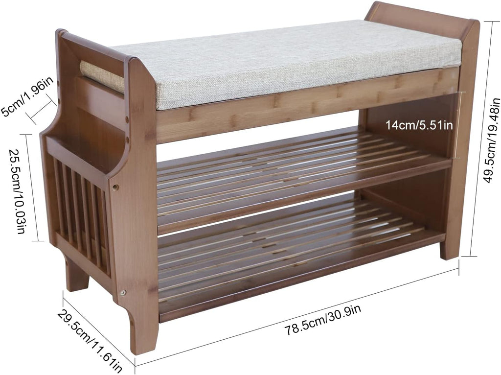 Bamboo Shoe Bench with Seat Cushion and Storage Shelf Y318