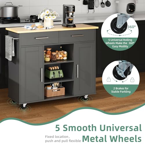 Kitchen Island Cart with Storage, Rolling Cabinet, 3 Shelves and 3 Drawers, Black N2755