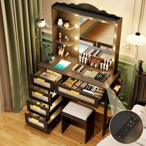 Vanity Desk with Mirror and Lights, 5 Drawers, White D374