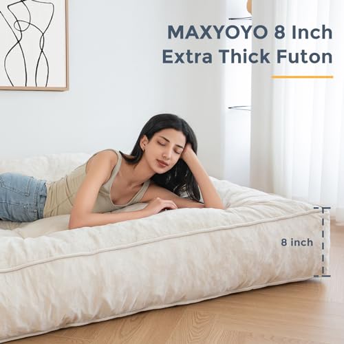 8" Futon Mattress Full Size, Velvet Floor Mattress for Adults, Beige I92411