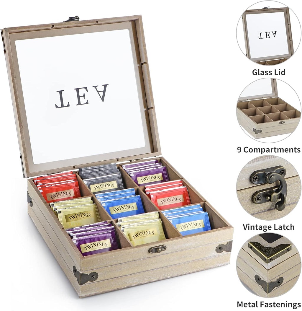 Tea Box Organizer with Glass Lid, 9 Compartments T7357