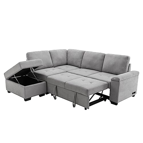 Modular L-Shape Sofa Bed with Ottoman and Storage, Dark Gray T76159
