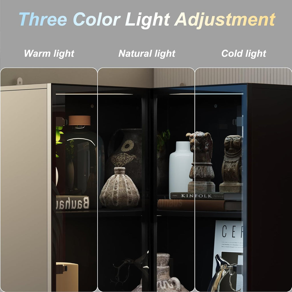 Corner Storage Cabinet with Glass Door and Light, 2 Doors and 4 Shelves, Black W407994