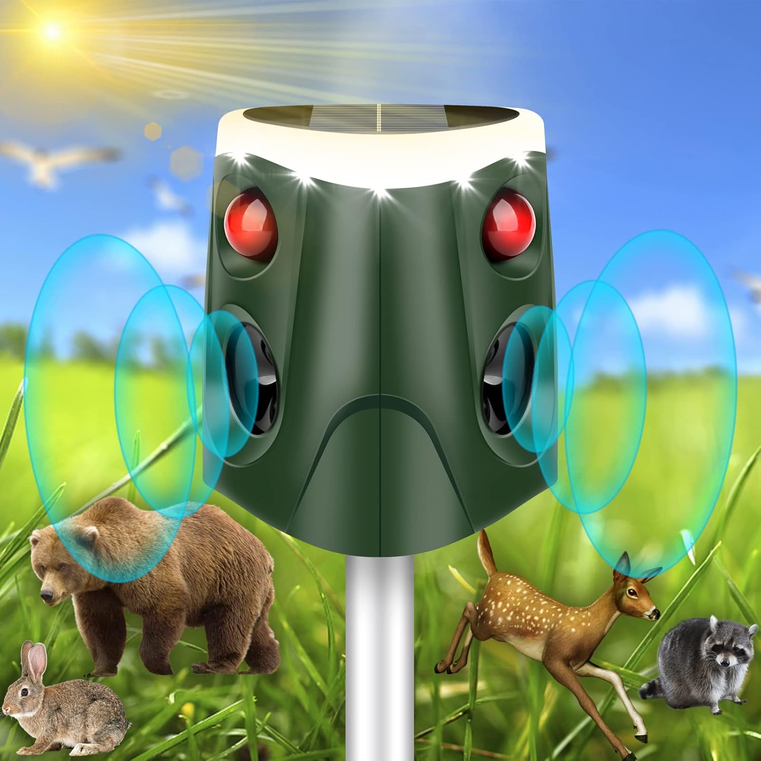 360° Solar Ultrasonic Animal Repellent, Cat Repellent Outdoor, 2024 Newest Deer Deterrent Device with Motion Sensor& Flashing Light, Repel Dogs Bird Skunk Rabbit Squirrels for Yard Garden Outside