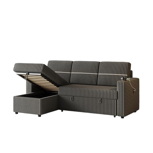 L-Shaped Sleeper Sectional Sofa Bed with Storage Chaise, Corduroy, Brown R16933