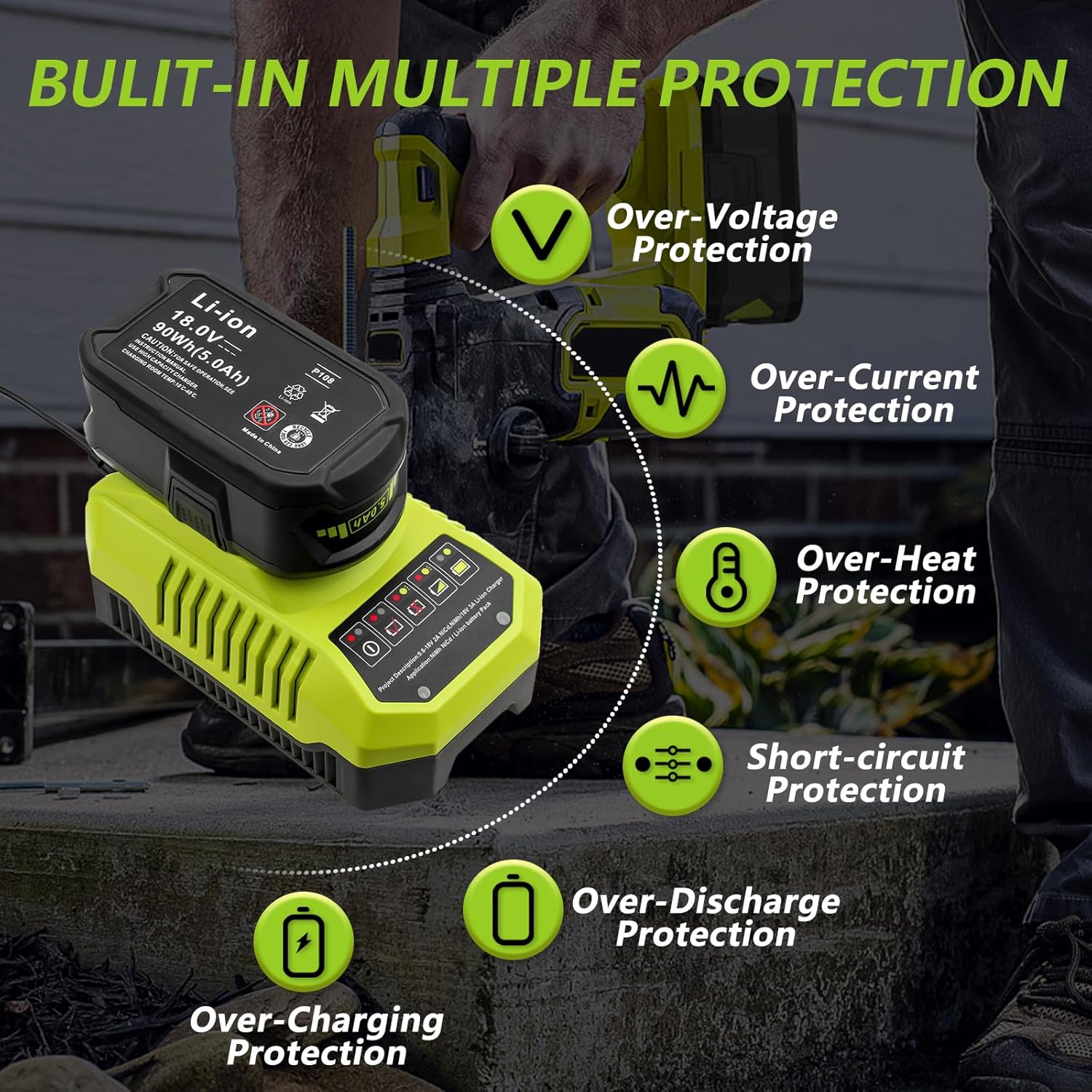 2Pack 6.0Ah 18V Lithium Battery and Charger Combo for Cordless Tools S4603