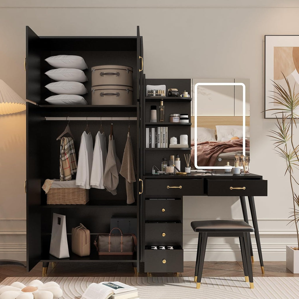Vanity Desk with Mirror and Stool Set, Storage Cabinet N413234