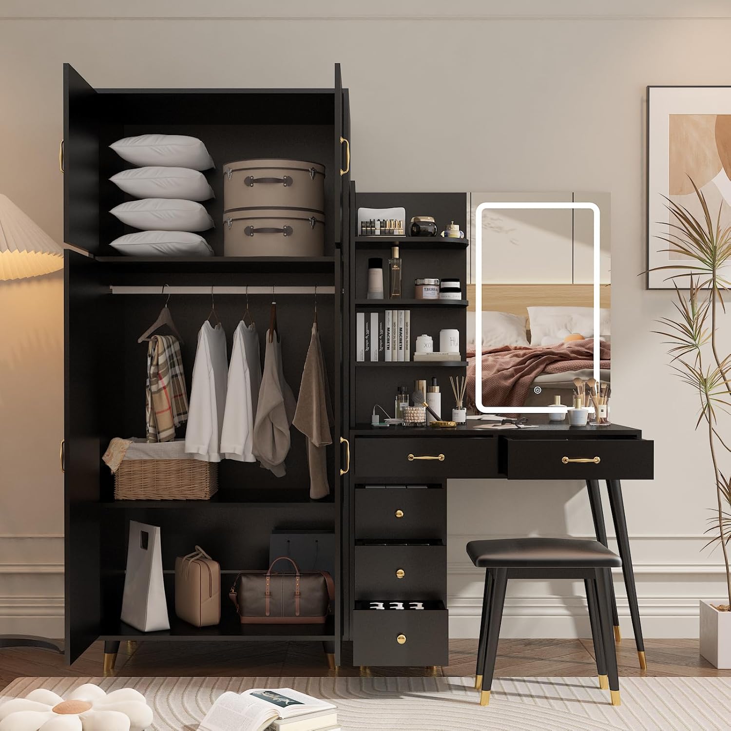 Vanity Desk with Mirror and Stool Set, Storage Cabinet N413234