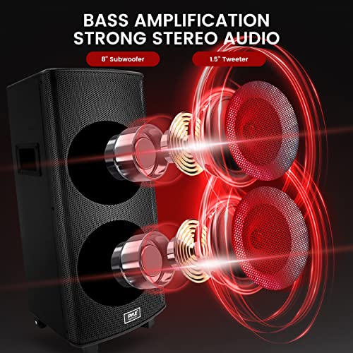 Portable Bluetooth PA Speaker System with Dual 8" Drivers, Rechargeable, Party Light, Wireless Mic, Wheels M54528