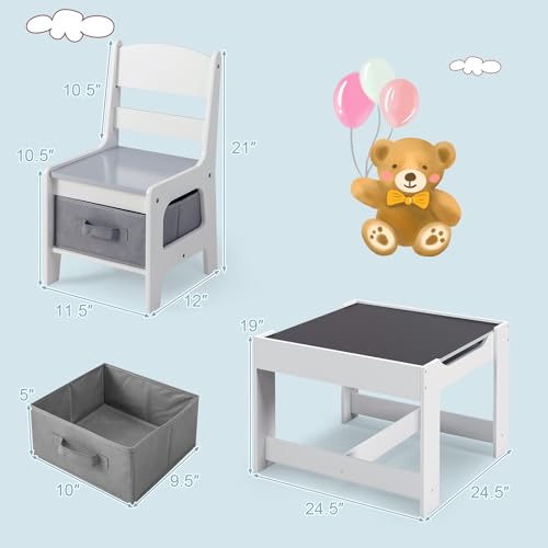 Kids Table and Chairs 3-in-1 Craft Table with Storage, Detachable Tabletop, Removable Blackboard T538236