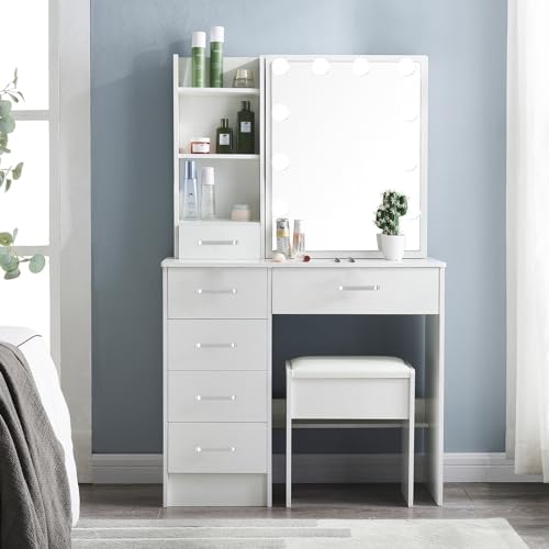 Vanity Desk with Lighted Mirror, 3 Lighting Modes, 6 Drawers and Stool T27747