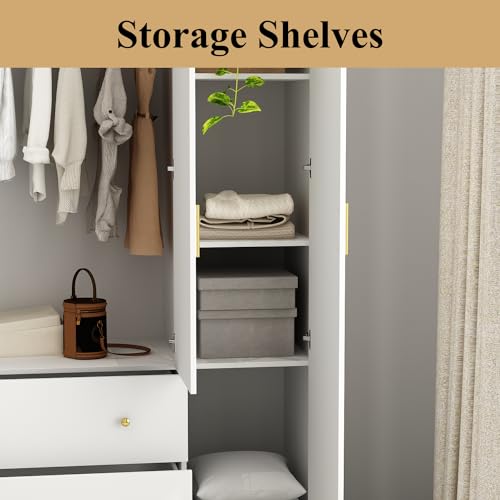 4-Door Armoire Wardrobe with Mirror, 2 Drawers, 2 Hanging Bars & 7 Shelves P76619