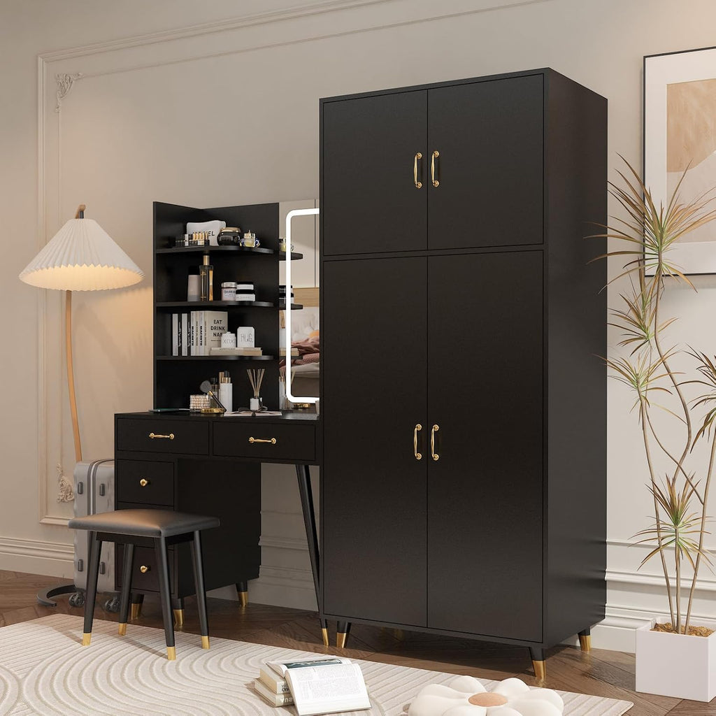 Vanity Desk with Mirror and Stool Set, Storage Cabinet N413234