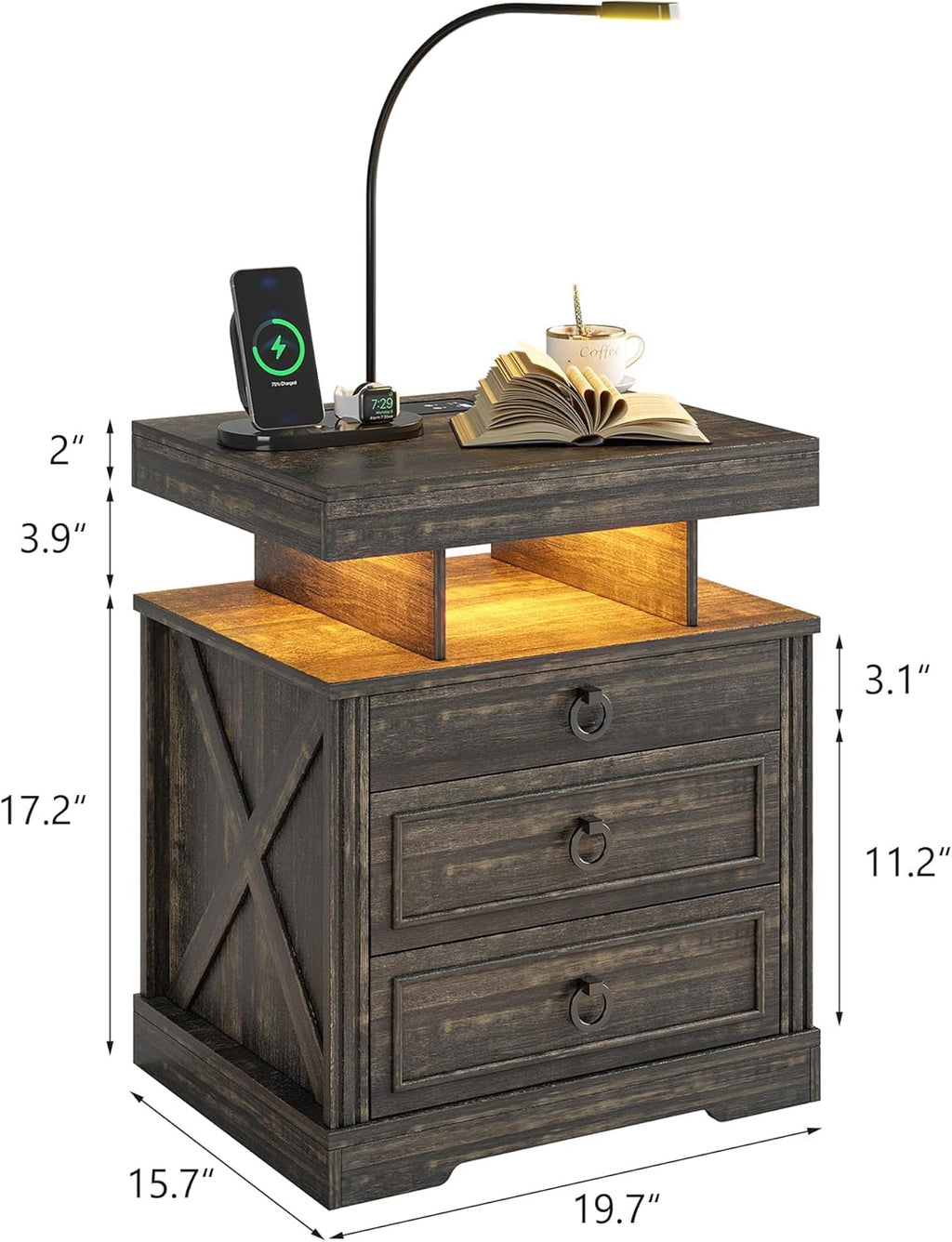 Nightstand Side Table with Wireless Charging Station and 2 Drawers J6619