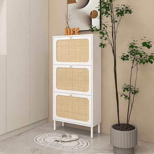 Natural Rattan Narrow Shoe Storage Cabinet with 3 Flip Drawers F32089