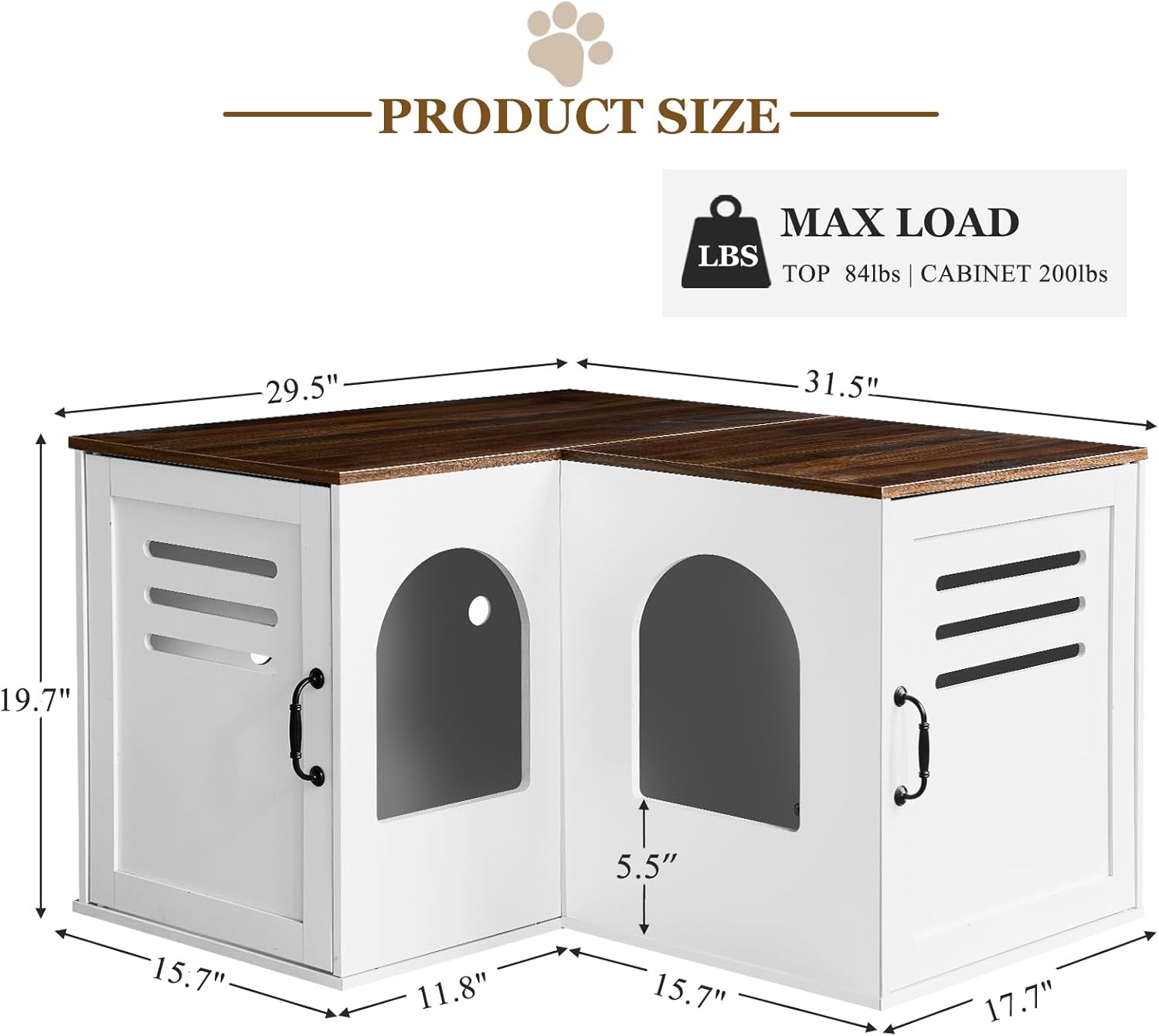 Corner Litter Box Enclosure for Two Cats, Hidden Cabinet with Double Room, White Q645