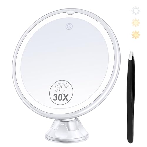 Lighted Makeup Mirror with 30X Magnification, 30X Magnifying Mirror Suction Cup with Light, 3 Color Modes and Adjustable Brightness, 360°Swivel Magnifying Mirror with Light for Vanity Mirror 1500mAh