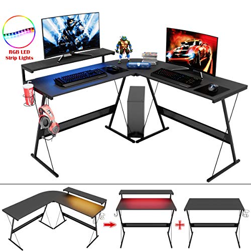 L Shaped Gaming Desk with LED, 55 Inch, Monitor Shelf and Cup Holder E979552