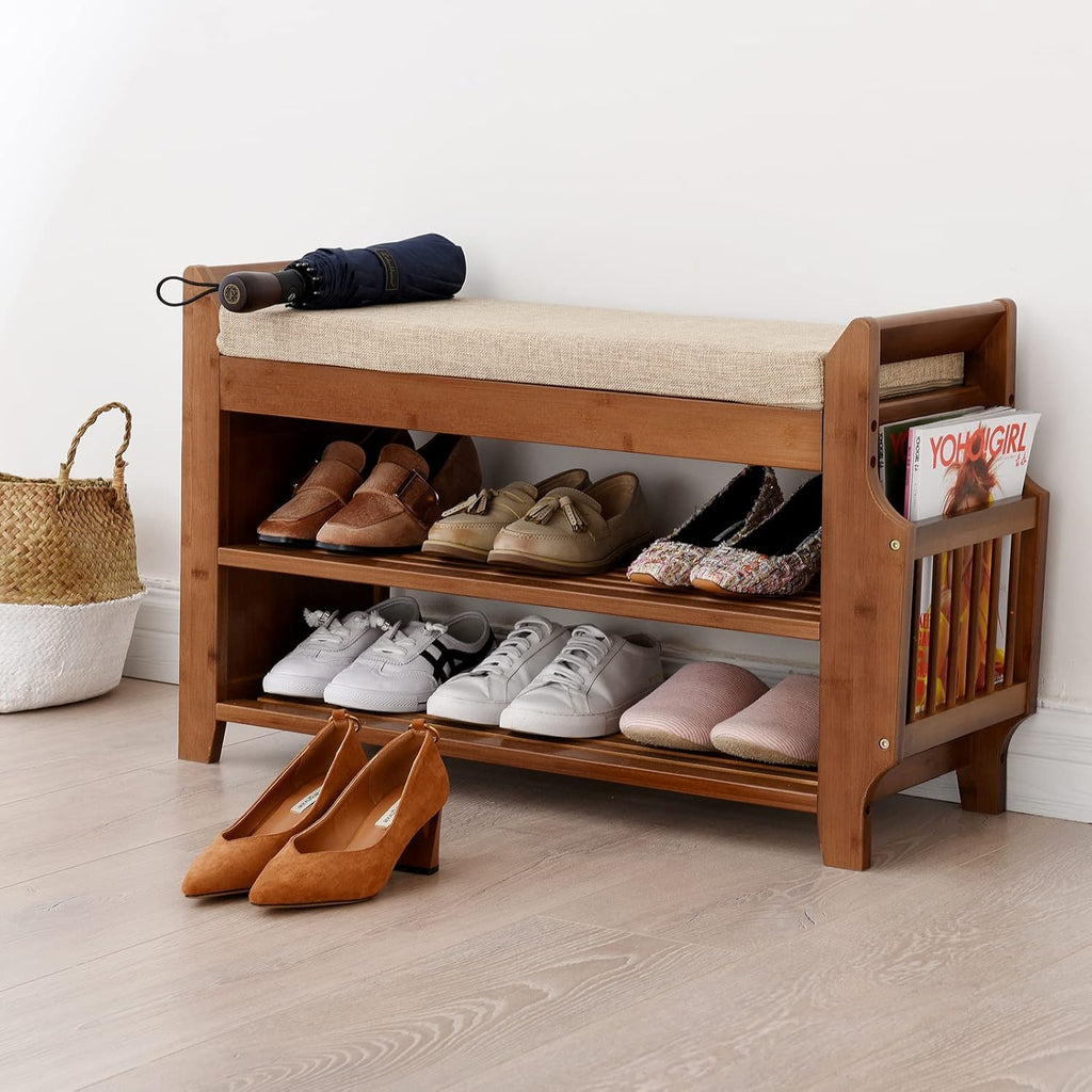 Bamboo Shoe Bench with Seat Cushion and Storage Shelf Y318