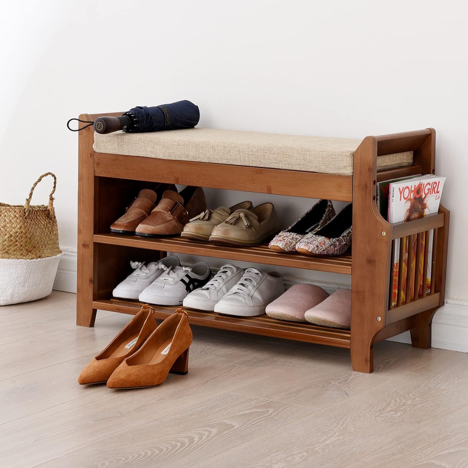 Bamboo Shoe Bench with Seat Cushion and Storage Shelf Y318