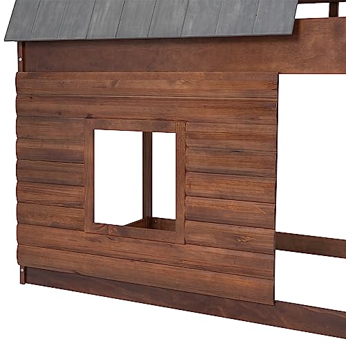 Twin Over Twin Bunk Bed House Shaped with Roof and 2 Windows, Wood Frame, Oak & Smoky Grey V436324