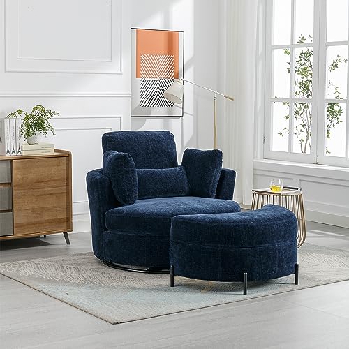 Swivel Accent Barrel Chair and Half with Chenille Upholstered Storage Bench Ottoman, Beige V5127