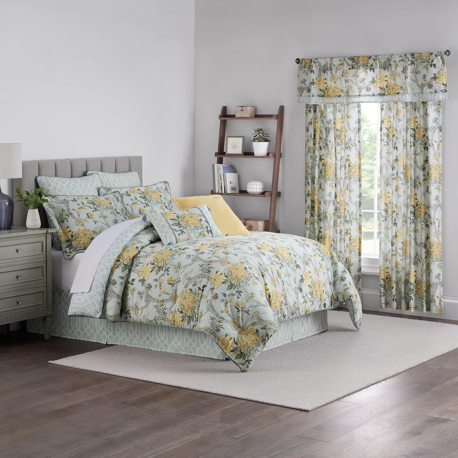 Waverly Peony Gardens 4 Piece Cotton Comforter Set, Embellished All Season Bedding, includes One Comforter, One Bed Skirt and Two Pillow Shams, Machine Washable Queen Bed Set, Blue