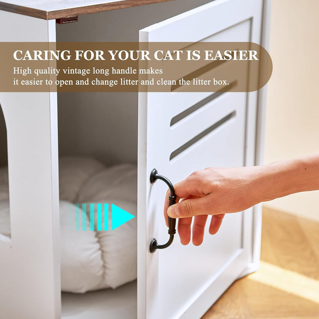 Corner Litter Box Enclosure for Two Cats, Hidden Cabinet with Double Room, White Q645