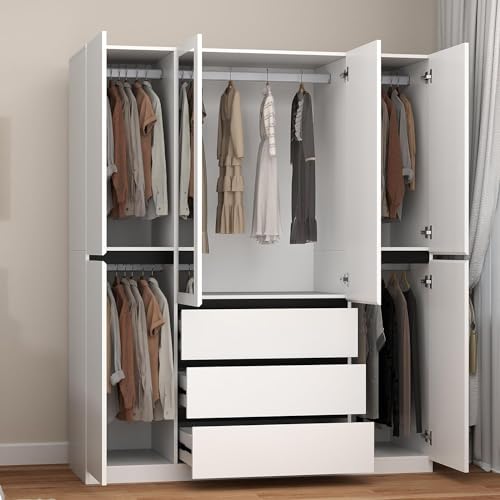 4 Door Wooden Wardrobe Closet with Mirror and Hanging Rod H38907