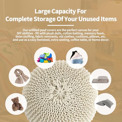 Knitted Ottoman Pouf Cover, 100% Cotton Round Foot Stool, Navy Blue E40008