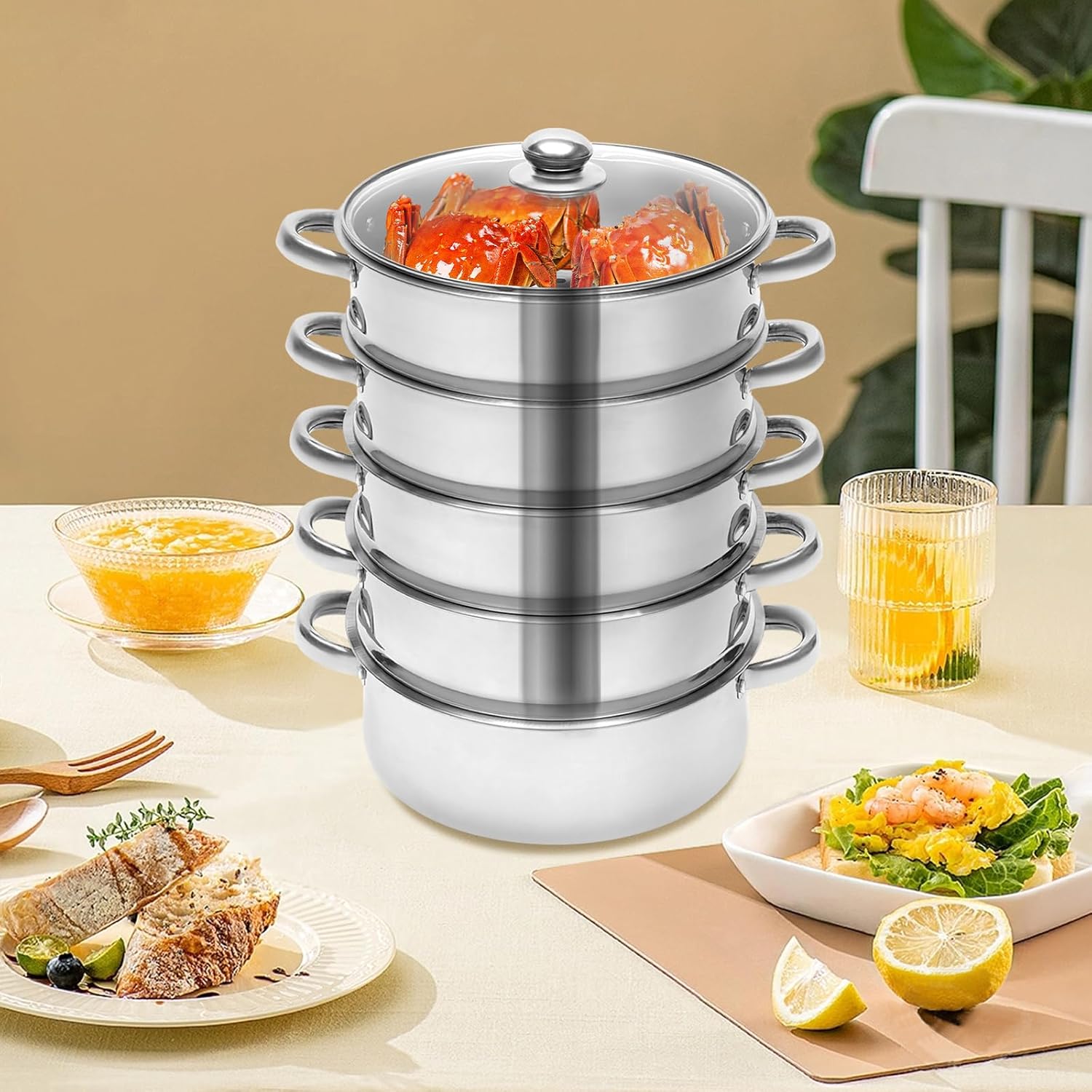 5 Tier Stainless Steel Steamer Pot with Glass Lid, 10 Inch R635966