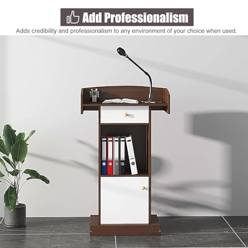 Floor Standing Lectern Podium with Drawer, Wooden Speaking Stand for Classroom and Meeting Rooms U976